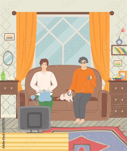 People spending time at home vector, man and woman with pet sitting on sofa flat style. Person watching television tv set listening, room interior