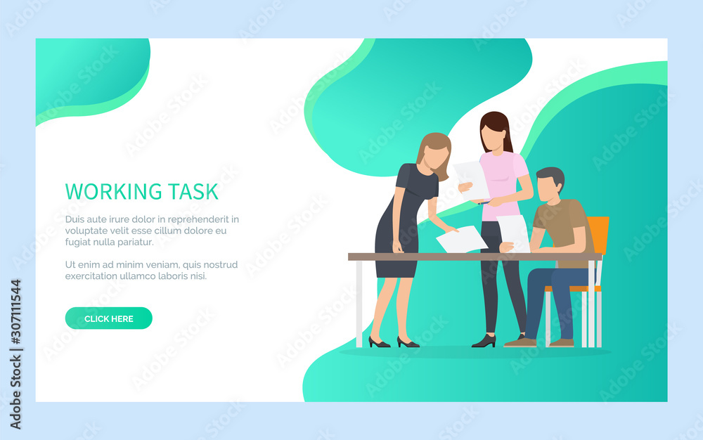 People working task, man and woman holding papers or documents, male sitting at desktop, portrait view of workers, making report in office vector. Website or webpage template, landing page flat style
