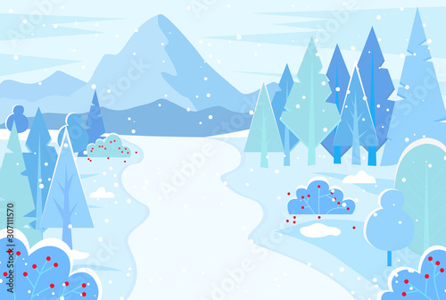 Winter landscape of rural area. Snowy weather in village or park. Resort with mountains and pine trees, bushes with red berries. Outdoors view on road and hills, cold and frost. Vector in flat
