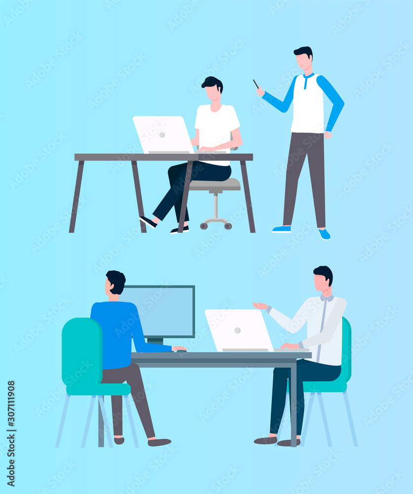 People working in office vector, boss giving tasks and controlling job development isolated set. Teamwork colleagues with project details on screens People working in office vector, boss giving tasks and controlling job development isolated set. Teamwork colleagues with project details on screens