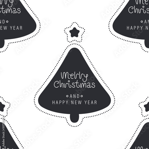 Festive background for new year or christmas. Seamless texture of the christmas tree and inscription. For wallpaper, pattern fills, web page, surface textures, textile print, wrapping paper - Vector
