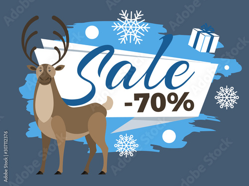 Promotional poster offering 70 percent reduction of price for clients of shops or stores. Deer animal and banner with calligraphic inscription. Present and snowflake ornaments vector in flat