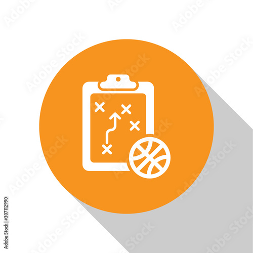 White Planning strategy concept icon isolated on white background. Basketball cup formation and tactic. Orange circle button. Vector Illustration