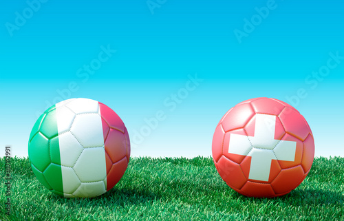 Two soccer balls in flags colors on green grass. Italy and Switzerland. 3d image