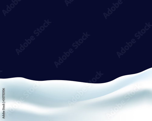 Snowy landscape, snowdrifts isolated on dark background. Vector illustration of winter decor.