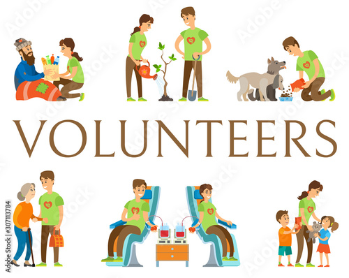 Volunteering people vector, man and woman helping environment and kids, orphans with gifts, older woman and homeless person, blood donation, pet care