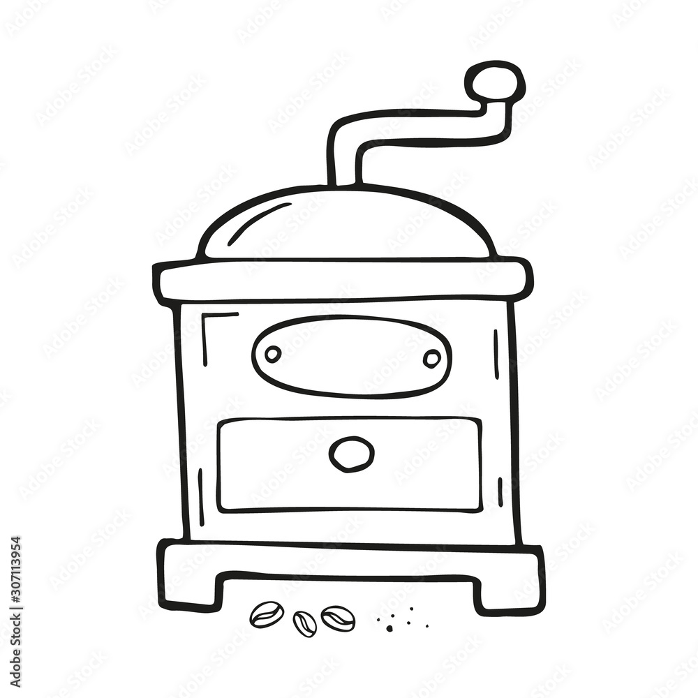 Single hand drawn manual coffee mill with coffee beans. In doodle style, black outline isolated on a white background. Cute element for card, social media banner, stickers. Vector illustration Single hand drawn manual coffee mill with coffee beans. In doodle style, black outline isolated on a white background. Cute element for card, social media banner, stickers. Vector illustration