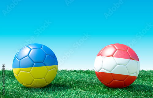 Two soccer balls in flags colors on green grass. Ukraine and Austria. 3d image