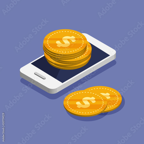 Smartphone with coin heap in trendy isometric style. Money movement and online payment. Online banking concept. Cashback or money refund. Vector illustration isolated on color background.