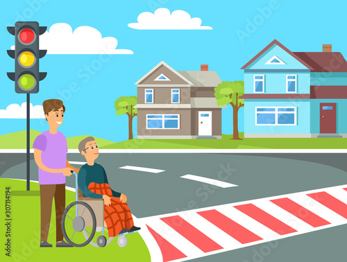 Volunteer helping granny in wheelchair unable to walk to cross street on crosswalk or pedestrian crossing. Vector person helps to old woman, charity volunteering