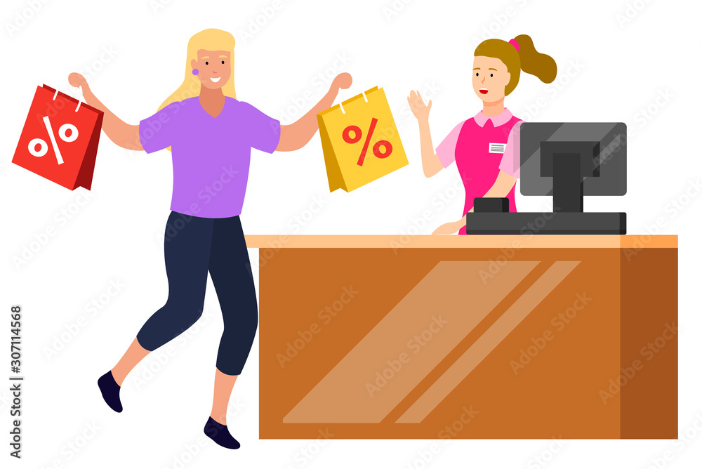 Happy client running to counter to pay for items. Isolated people at shop. Personage with bags and products on discount. Lady buying clothes at boutique. Special offer at market. Flat style vector