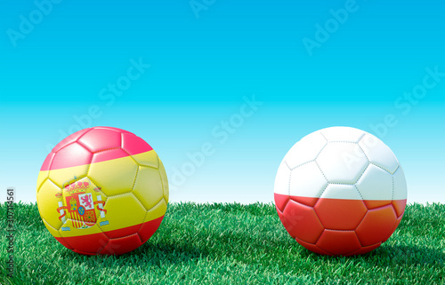 Two soccer balls in flags colors on green grass. Spain and Poland. 3d image