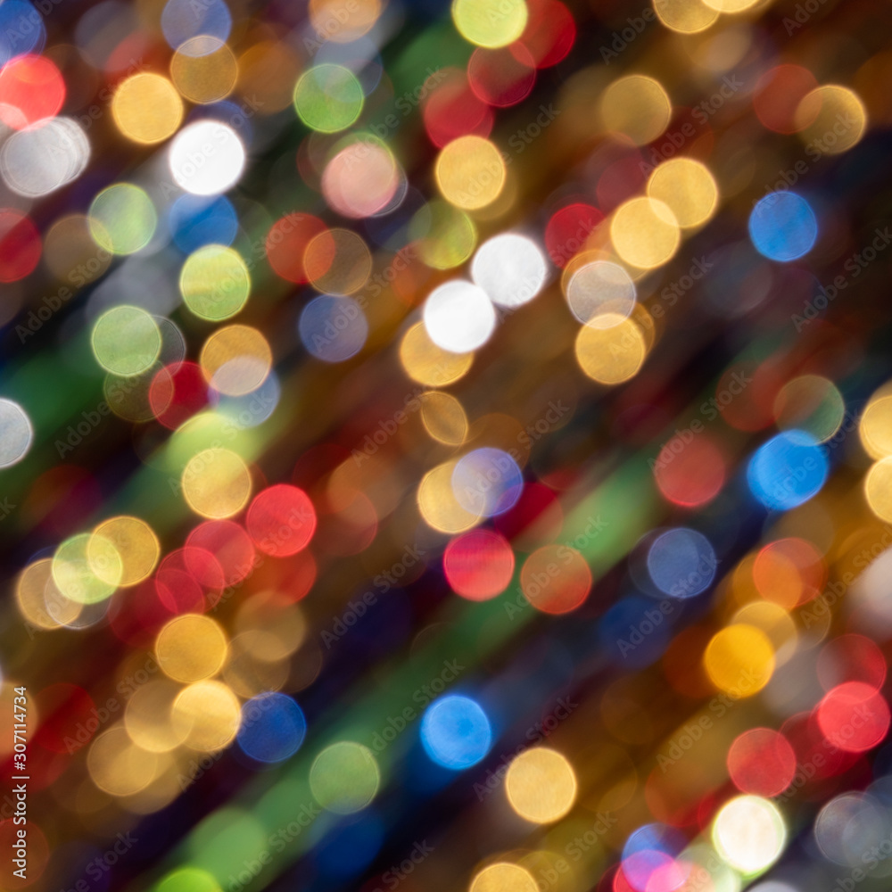 Christmas lights out of focus.