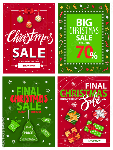 Christmas sale and discounts on winter holidays vector. Promotional banners and posters with decorative elements and symbols of New year. Proposals in shop, advertisements in stores shopping