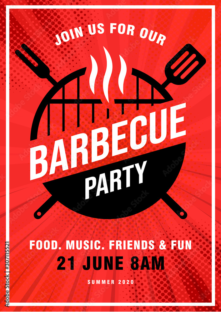 Lovely vector barbecue party invitation design template. Trendy BBQ cookout poster design with classic charcoal grill, fork, cooking paddle and sample text.