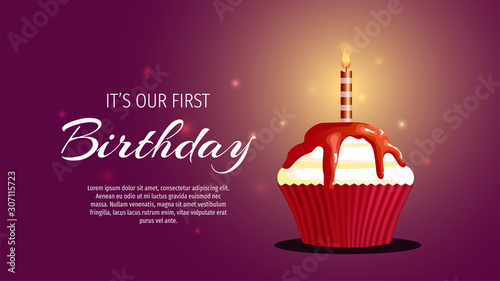 Banner design for Birthday. Cupcake with one burning candle. Vector illustration perfect for invitation  advertising  promotion  commercial  banner  flyer  poster  card.