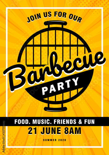 Lovely vector barbecue party invitation design template. Trendy BBQ cookout poster design with classic charcoal grill, fork, cooking paddle and sample text.