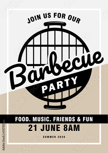 Lovely vector barbecue party invitation design template. Trendy BBQ cookout poster design with classic charcoal grill, fork, cooking paddle and sample text.
