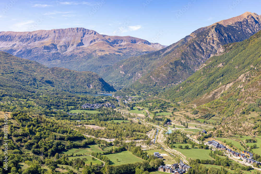 Aerial view of the Benasque Valley with the swamp in the background, Benasque, Aragon, Spain