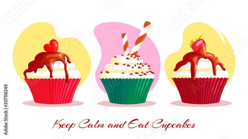 Card design for Bakery  Bakeshop  Dessert  Birthday  Recipes. Three Sweet cupcakes with different toppings. Vector illustration for banner  advertising  menu  poster  card  postcard.