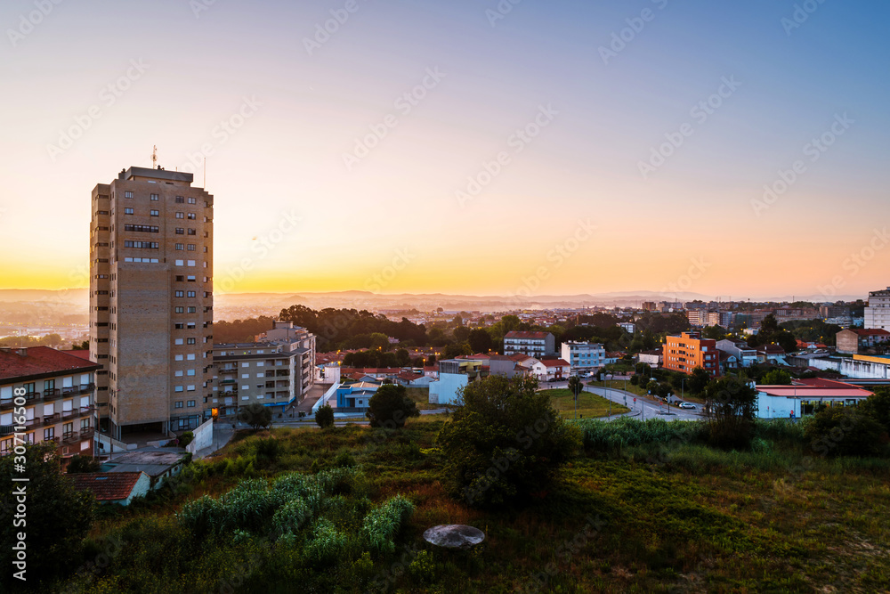 Aerial view of Gaia and Porto, Portugal at sunrise. Clear sky