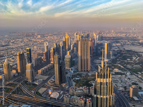 Aerial view of Dubai at sunset  United Arab Emirates