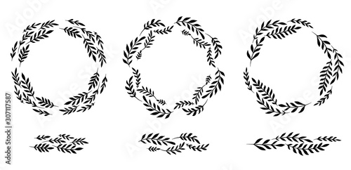 Set of silhouettes of round laurel frames and brushes from branches and leaves. The object is separate from the background. Natural vector templates for labels, cards, banners and your creativity.