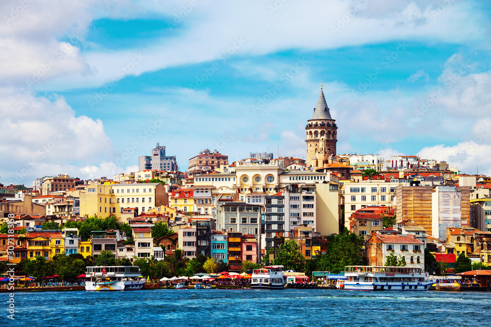 Aerial view of the Karakoy skyline with the Bosphorus. Touristic boats