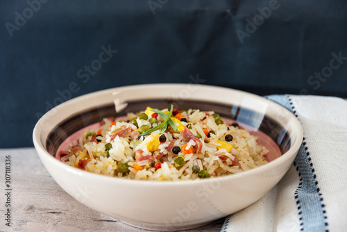 Cantonese fried basmati rice with ham and eggs