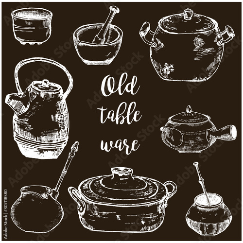 Old kitchen utensils and pots vector sketch hand drawn chalk on blackboard illustration. Copper pots, teapot and pottery.