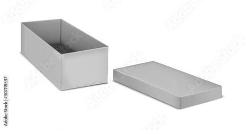 Open gray cardboard box empty inside, vector template. Blank paper package, mock-up