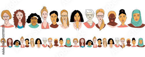 Women's diversity head portraits line drawing doodle poster seamless pattern