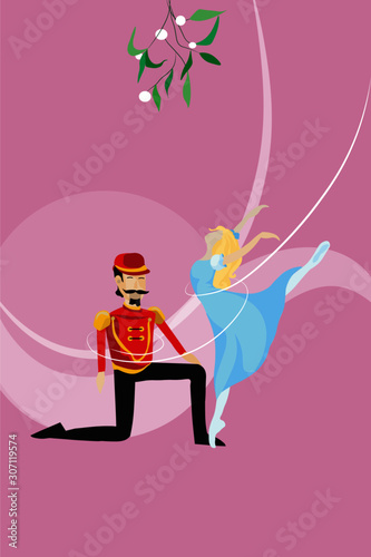 Ballet Nutcracker. Ballet dancer dances with the nutcracker under the falling snow. Winter fairy-tale. Christmas.