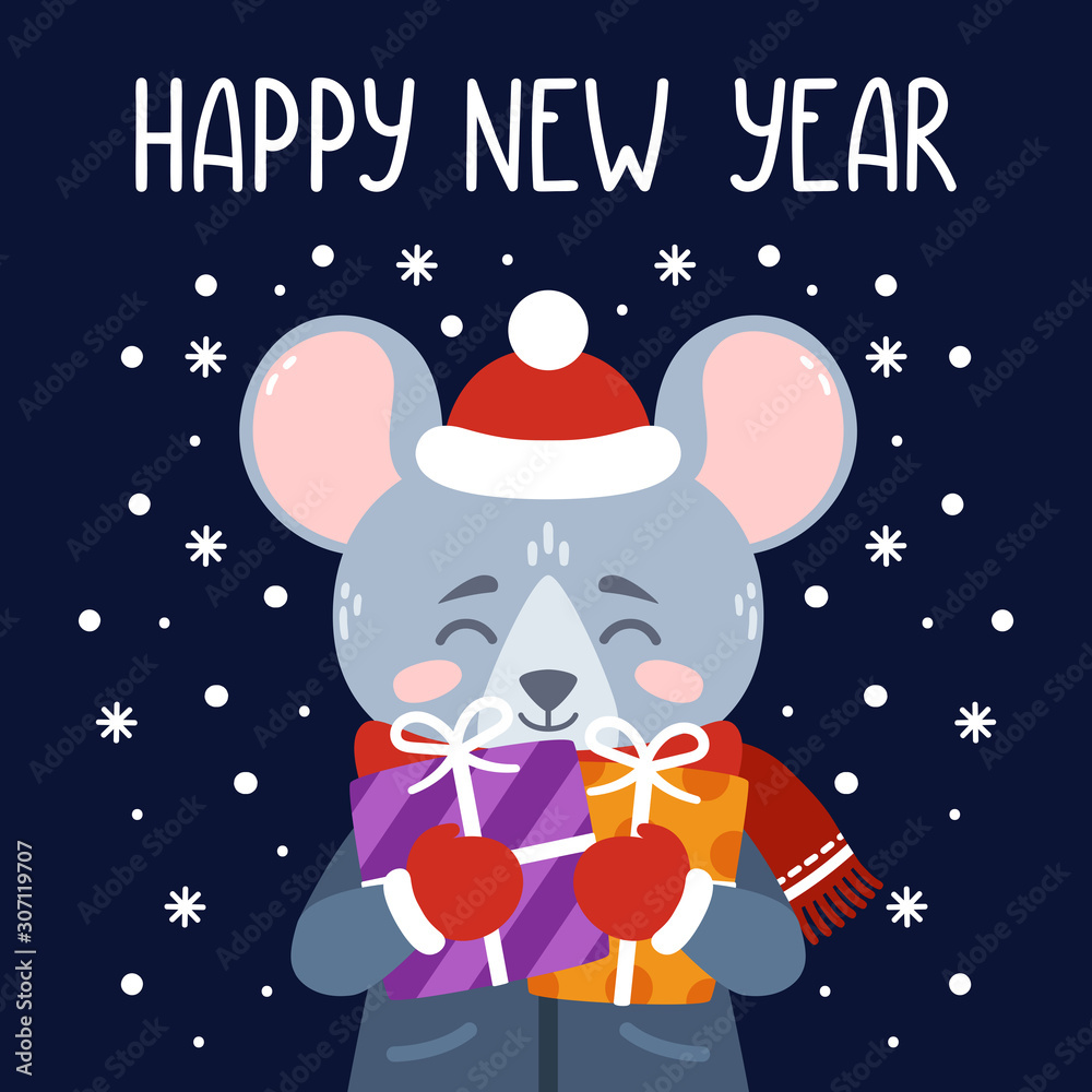 Happy New Year 2020 vector print with cute rat.