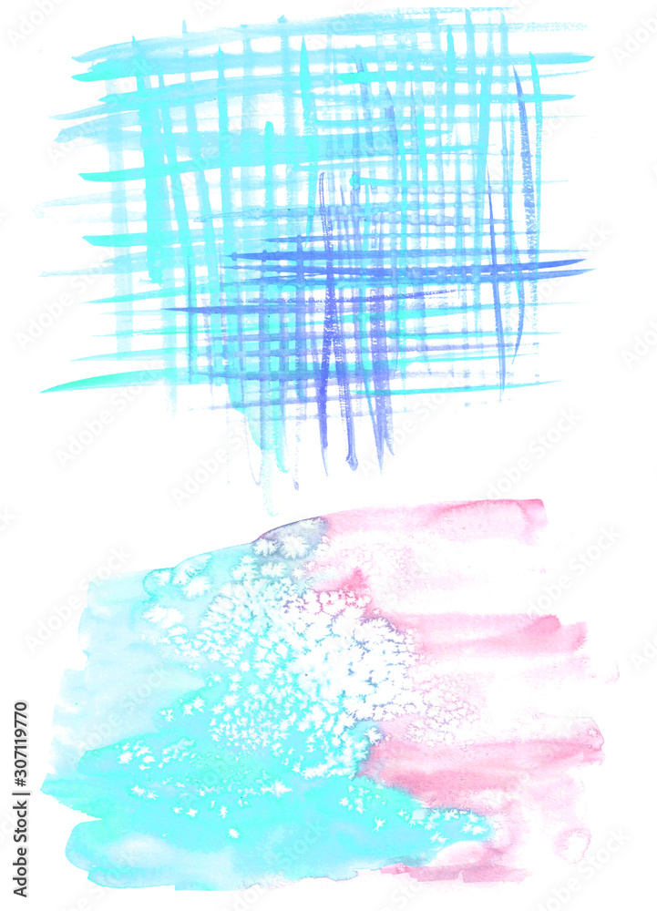Fototapeta premium Abstract watercolor background. cold pink and blue background with stains. Colored stripes and strokes. 