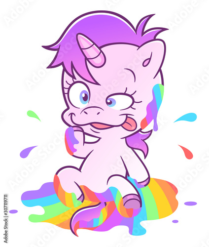 Crazy unicorn on the puddle of rainbow