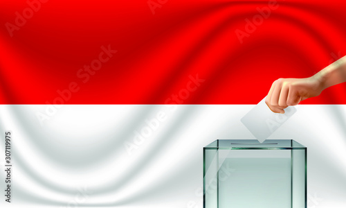 Vote for Indonesia election with voting box and Indonesian flag. Vector Illustration.