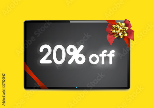 Bright neon sale sign on TV, modern blank screen lcd, decorated with a bow.