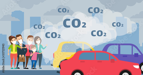 people wearing protective mask cars emits co2 air pollution ecology concept