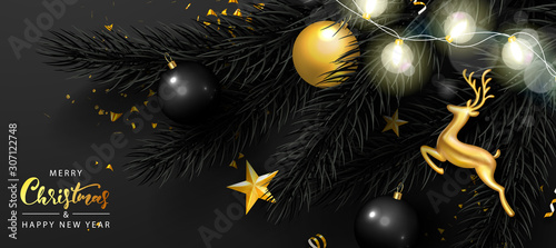 Merry Christmas and Happy New Year banner. Holiday background with Golden metal deer, Christmas tree balls, fir branches,stars,serpentine and luminous garland.Vector illustration for postcard,website