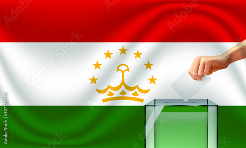 Vote for Tjikistan election with voting box and flag. Vector Illustration.