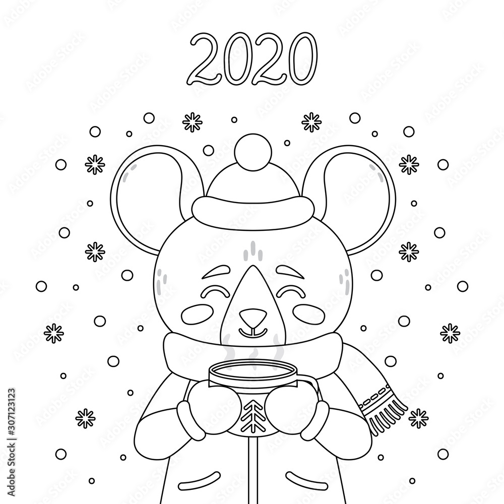 Fototapeta The rat with a cup of tea in winter wear.