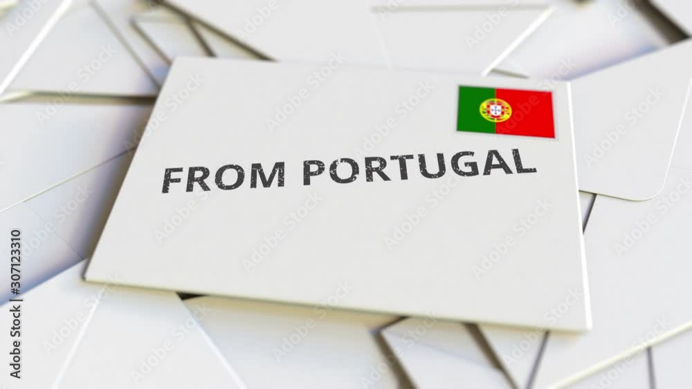 Envelope with From Portugal stamp among other envelopes. International mail related conceptual 3D animation Envelope with From Portugal stamp among other envelopes. International mail related conceptual 3D animation