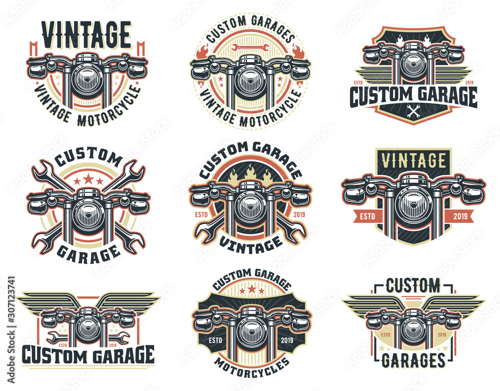 A set of Vintage motorcycle logo template, vector pack retro custom garage  emblem or badge. vector de Stock | Adobe Stock