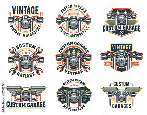 A set of Vintage motorcycle logo template, vector pack retro custom garage emblem or badge.