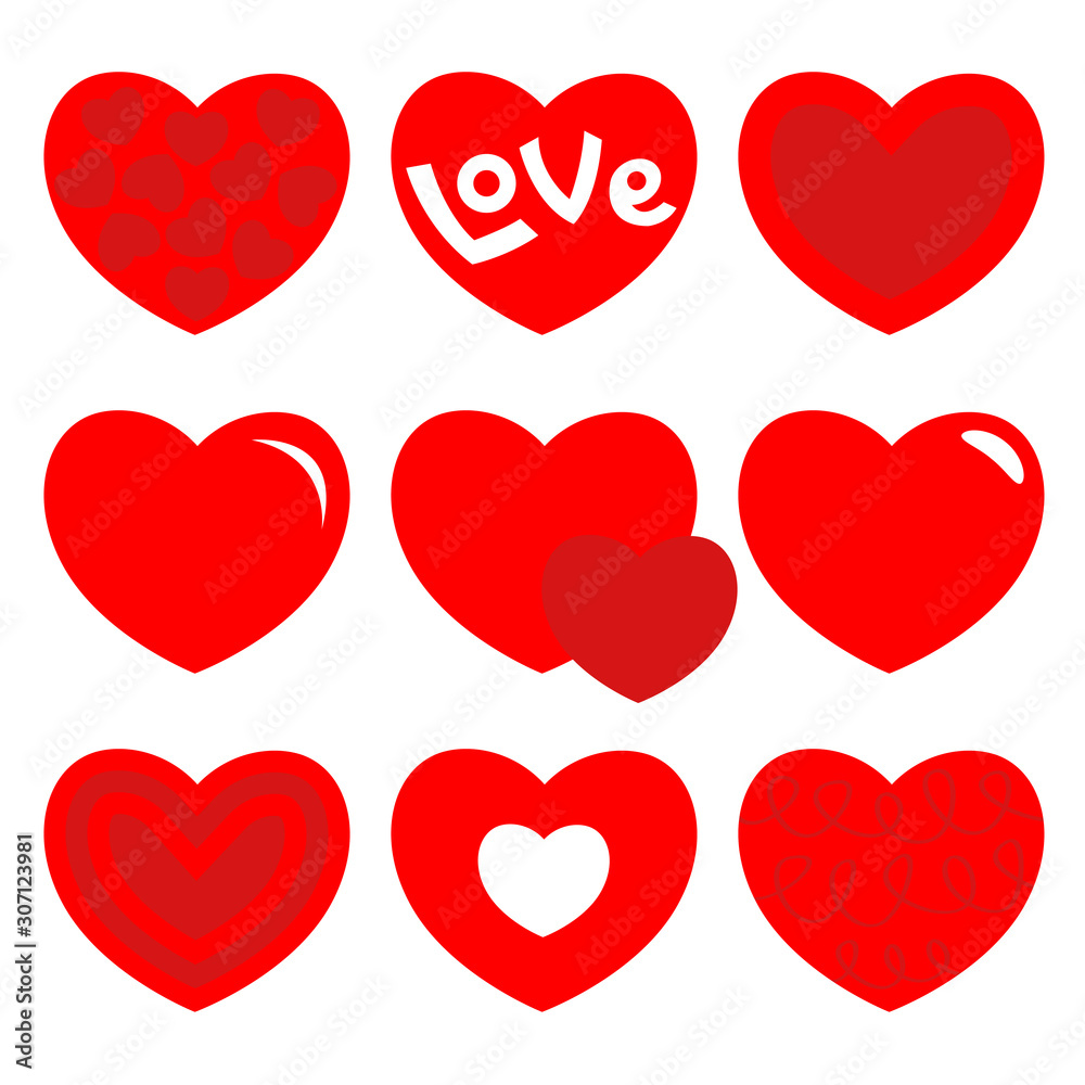 Red heart icon set. Happy Valentines day shining sign symbol simple template. Love greeting card. Cute graphic object. Flat design style. Isolated. White background. Red heart icon set. Happy Valentines day shining sign symbol simple template. Love greeting card. Cute graphic object. Flat design style. Isolated. White background.