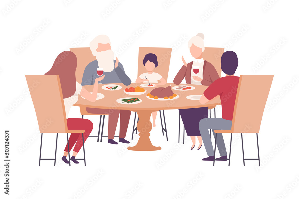 Happy Family Sitting at the Dining Table Together Vector Illustration Happy Family Sitting at the Dining Table Together Vector Illustration