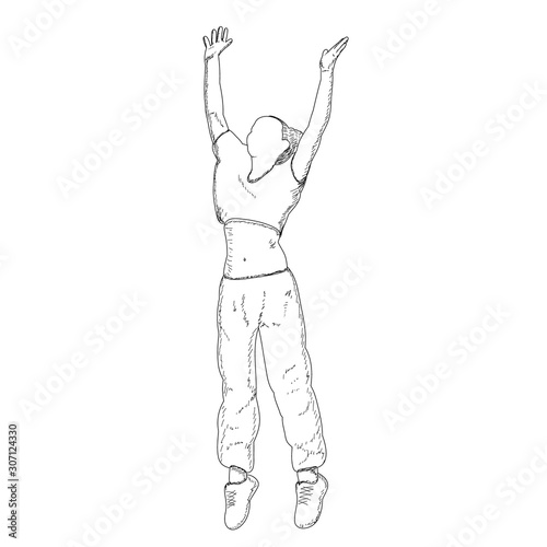 vector, on a white background, contour, sketch girl rejoices