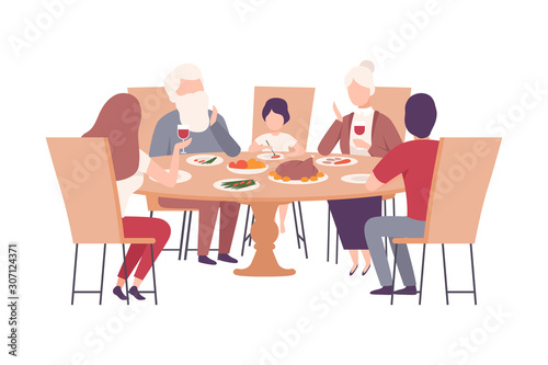 Happy Family Sitting at the Dining Table Together Vector Illustration