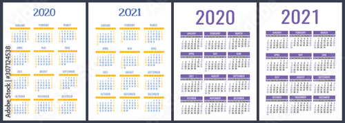 Calendar 2020, 2021 years. Colorful vector set. Week starts on Sunday. Vertical English calender design template